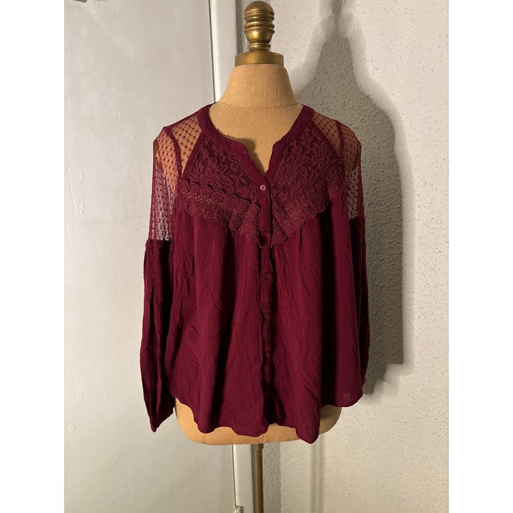 American Eagle Outfitters Burgundy Gauze Lace Top S Boho Coquette Girl Fairycore